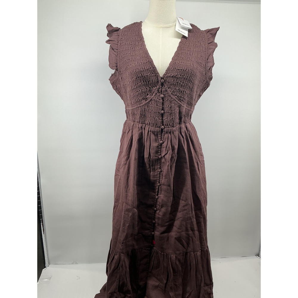 Organic Textured Cotton Smocked V-Neck Midi Dress - Picture 1 of 3